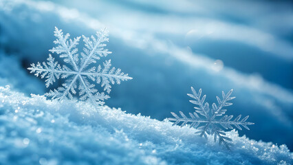 Two detailed snowflakes resting on a textured snow surface with a soft blue blurred full hd 4k stock image download background