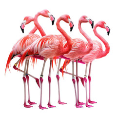 Obraz premium Group of Pink Flamingos, long legs, curved necks, in a row against black