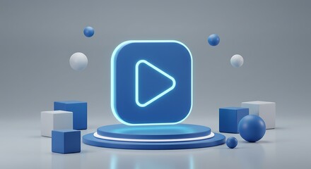 Glowing blue play button on a futuristic pedestal