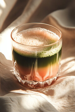 Sparkling rhubarb matcha elixir in crystal glass
