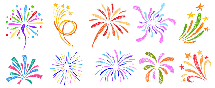 Crayon fireworks. Kids color chalk pencil firecracker, confetti, sunburst, explosion in sketch style. Kid's style circular elements. Bursting rays line. Grunge texture. Hand drawn vector illustration