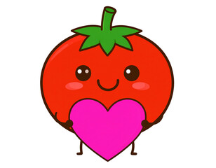 Playful Kawaii Tomato Sticker Holding a Tiny Heart, Cartoon Style, isolated