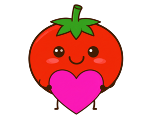 Playful Kawaii Tomato Sticker Holding a Tiny Heart, Cartoon Style, isolated