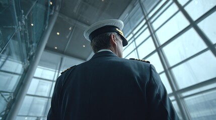 The ship captain stands resolutely, gazing out the window with determination. Symbol of command and unwavering spirit in the maritime world.