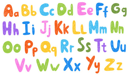 Crayon alphabet, doodle kids font. School wax crayon abc for kindergarten, educational banners, handwriting playful letters, digits. Vector cartoon children funny playful alphabet illustration