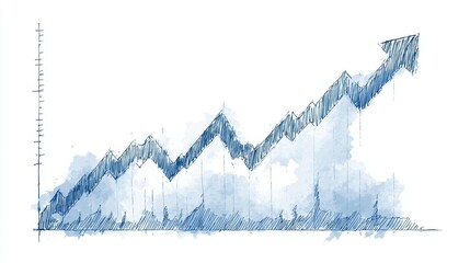 A rising stock graph clipart, business element, hand-drawn sketch style, blue tones, isolated on white background