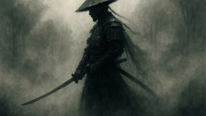 Mysterious samurai in misty forest.