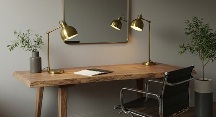 Obraz premium Modern wooden desk with stylish lamps and a comfortable chair in a well-lit room
