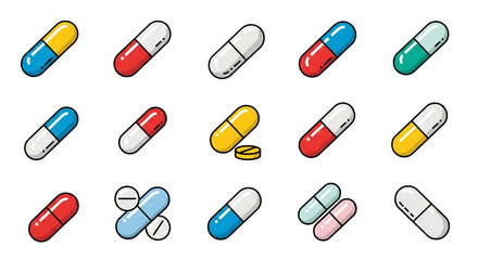 Vibrant Collection of Medicine Pills and Capsules Vector Icons - Pharmaceutical, Healthcare, and Pharmacy Drug Symbols Set