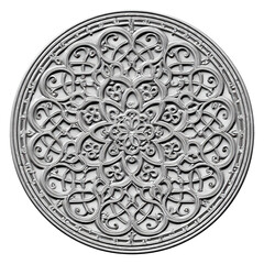 Ornate, circular, relief design.  Intricate, symmetrical patterns