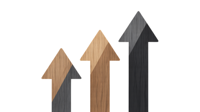 Three wooden arrows pointing upwards, symbolizing growth, success, and business progress