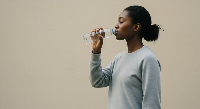 a young Black woman drinking water from bottle