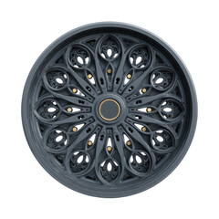 Dark gray, circular, ornate design.  Intricate, Gothic-style,  decorative rosette