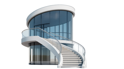 Modern architectural design featuring a stunning curved staircase and glass facade with a view