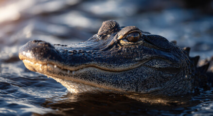 Obraz premium Alligator head emerging from water, showcasing textured skin and sharp eyes in natural habitat