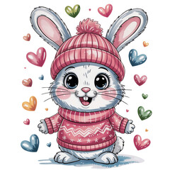 Charming cartoon rabbit wearing a pink sweater and hat surrounded by colorful hearts in a cheerful and playful atmosphere