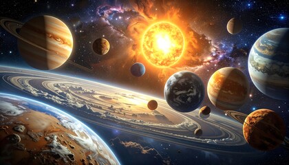 A vibrant depiction of the solar system, showcasing planets of varying colors and textures orbiting a brilliant sun.