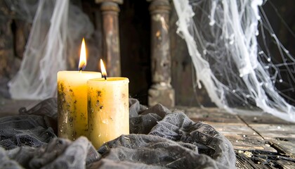Two flickering candles rest on a dark fabric draped over a weathered wooden surface, surrounded by cobwebs and antique pillars, creating a spooky and atmospheric Halloween scene.