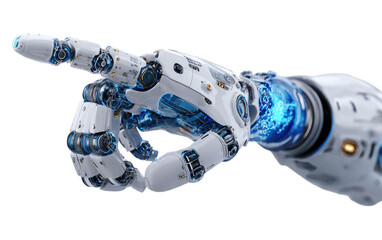 Detailed close-up of a robotic arm, pointing.  Internal mechanisms visible.  White and blue components.  High-tech design