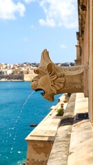 Ornate stone gargoyle spout with water feature overlooking a Mediterranean city