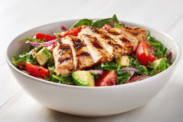 Grilled chicken salad with avocado and tomatoes in a white bowl on a light background, top view, flat lay. Healthy food idea. Concept for healthy eating, weight loss, or body-building advertising