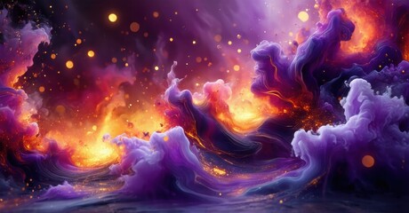 Fototapeta premium Vibrant abstract waves, purple hues dominate, fiery orange glows. Swirling patterns create cosmic energy, dynamic texture.