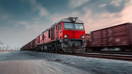 Obraz premium Freight Train in Motion: A vibrant red locomotive pulls a line of cargo cars along the tracks under a cloudy sky, captured with dynamic motion blur.