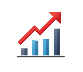 Simple graphic of a rising red arrow over a series of blue and gray bar graphs on a dark background