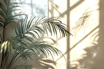 Sunlight casting palm leaf shadows on a textured wall