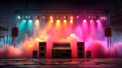 Industrial stage lit by vibrant neon lights