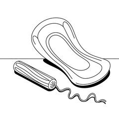 Feminine hygiene products tampon and sanitary pad in black and white line art illustration for menstrual health education and wellness resource
