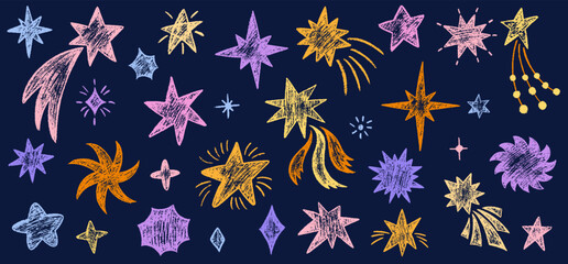 Crayon doodle stars set. Kids color chalk pencil stars and comets. Doodle sparks, sparkles, night sky. Charcoal magic blinking stars, wax pencil elements. Grunge texture star shapes. Vector 