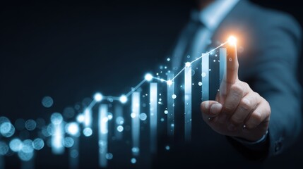 Businessman pointing at digital financial charts with upward trend, modern business growth and investment strategy on isolated white background, copy space.