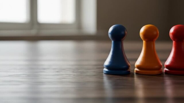 Colorful game pawns on wood table top strategy leadership and teamwork concept