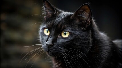 A close-up portrait of a black cat with sleek, shiny fur, glowing yellow-green eyes with detailed reflections