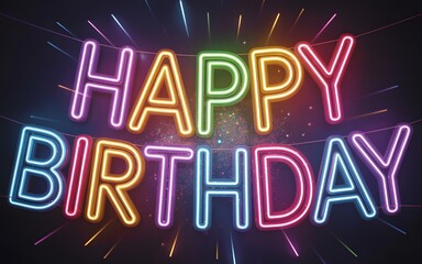 Colorful neon Happy Birthday sign with fireworks celebration