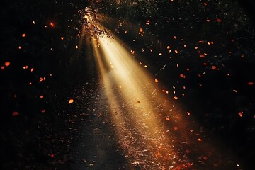 Golden light beam illuminating fiery sparks against dark background