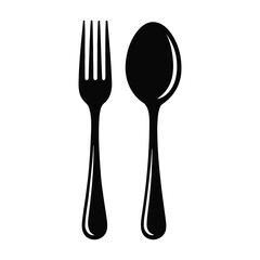 Vector illustration of a fork and spoon in black silhouette with highlights on a white background for kitchen and dining concepts