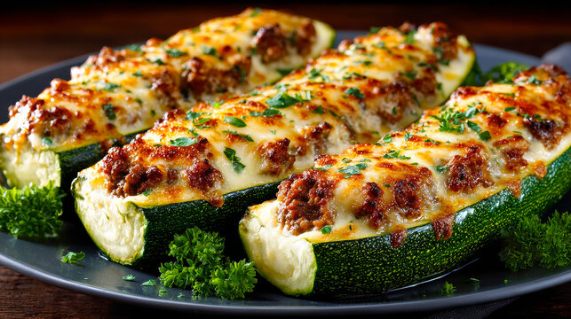 Meat and cheese stuffed zucchini. Flavorful zucchini boats filled with seasoned ground meat and topped with melted cheese, served on a dark plate.