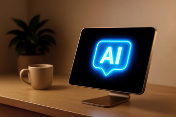 Modern desktop with glowing AI icon on screen in cozy workspace
