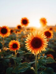 Obraz premium Sunflowers basking in golden sunset glow
