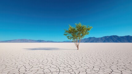 Lone tree in arid desert landscape with cracked earth