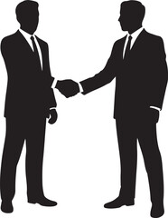 Two businessmen shaking hands in silhouette handshake agreement.