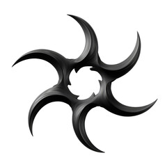Dark, stylized, radial design.  Sharp, curved blades radiate from a central point.  Intricate, three-dimensional, black graphic