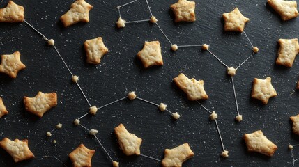 Christmas cookies arranged like constellations on dark slate, celestial holiday treat. 