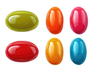 Six glossy, oval-shaped candies in vibrant colors arranged in a grid