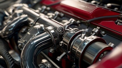 A close-up view of a polished engine component, showcasing intricate details and a vibrant red background, highlighting automotive engineering.