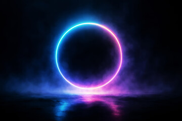 Glowing neon circle with smoke and reflections on dark futuristic background