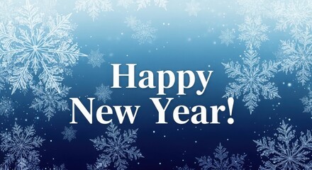 Happy new year greeting with falling snowflakes and blue winter background