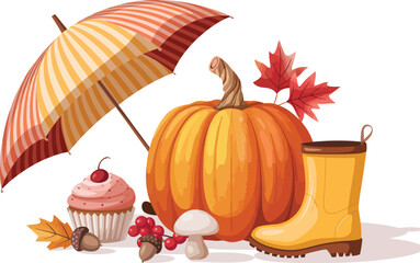 A richly detailed digital illustration presenting a delightful collection of classic autumn and fall season elements, artfully arranged on a pristine white background